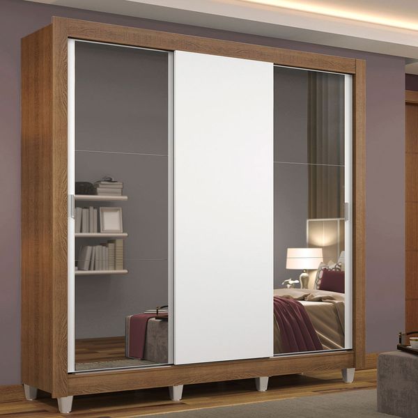 Guarda Roupa Casal Madesa Mônaco 3 Portas de Correr com Espelhos com Pés Rustic/Branco Cor:Rustic/Branco