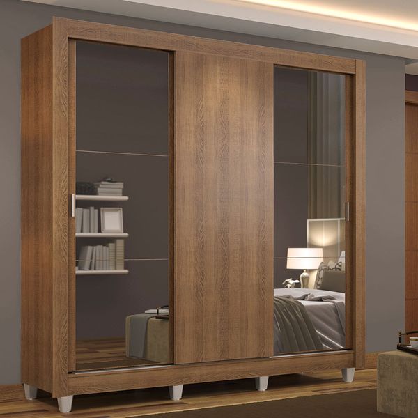 Guarda Roupa Casal Madesa Mônaco 3 Portas de Correr com Espelhos com Pés Rustic Cor:Rustic