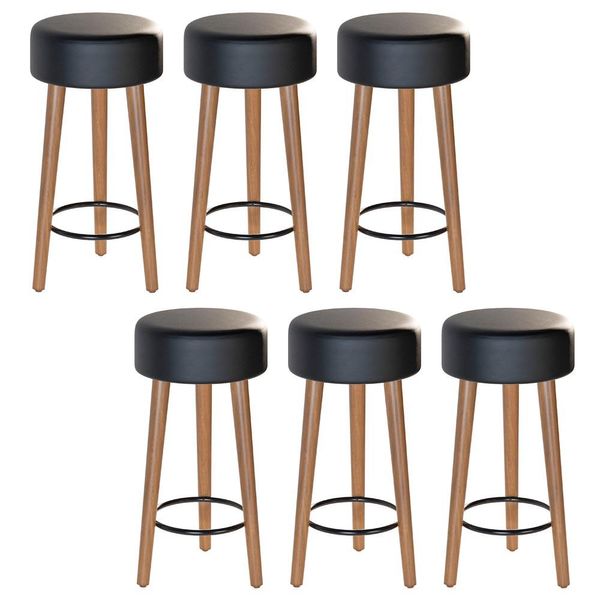 Kit 06 Banquetas Baixa Cozinha Paris Estofada D-33 Pés de Madeira Rosqueáveis Corano Preto - Desk Design