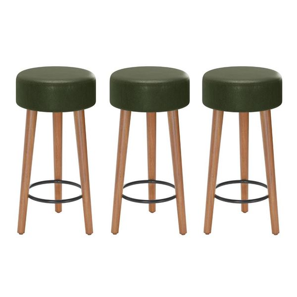 Kit 03 Banquetas Baixa Cozinha Paris Estofada D-33 Pés de Madeira Rosqueáveis Corano Verde - Desk Design