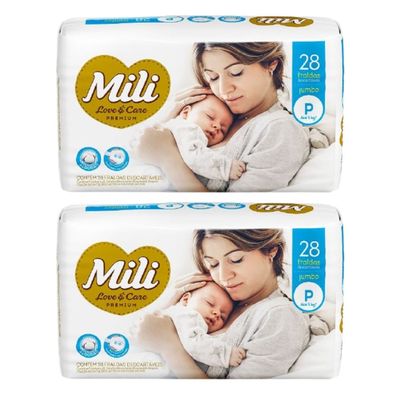 Fralda Descartável Mili Love & Care Tamanho P 2 Pacotes com 28 (Total 56  fraldas)