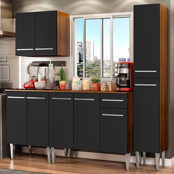 Cozinha Completa Madesa Emilly Sing com Armário, Balcão e Paneleiro Rustic/Preto Cor:Rustic/Preto