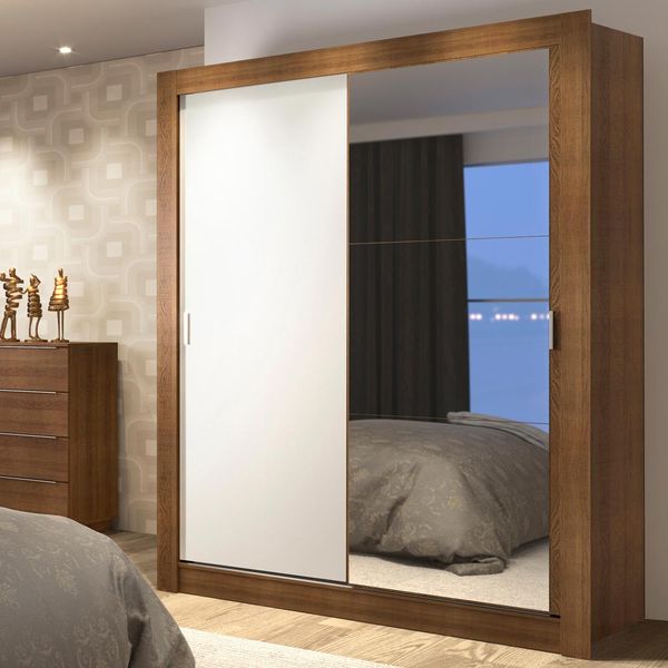 Guarda-Roupa Solteiro Madesa Dallas Plus 2 Portas de Correr com Espelho 4 Gavetas Rustic/Branco Cor:Rustic/Branco