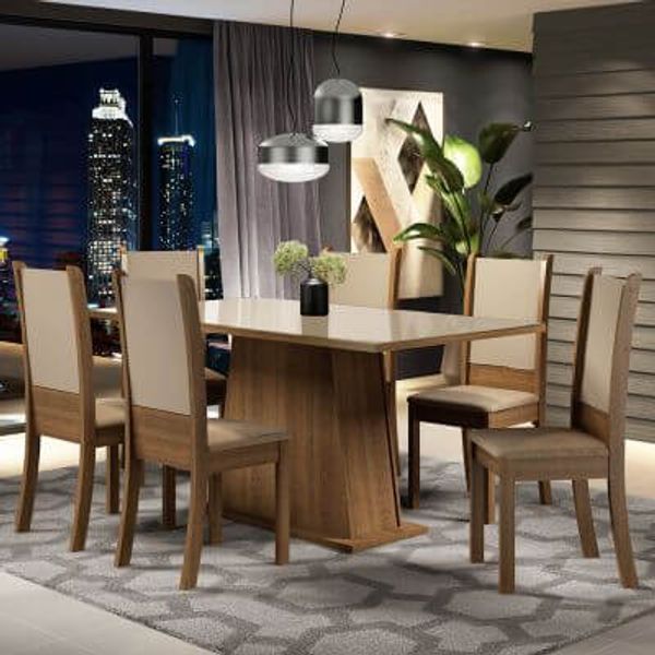 Conjunto Sala de Jantar Madesa Emma Mesa Tampo de Vidro com 6 Cadeiras Rustic/Crema/Bege Cor:Rustic/Crema/Sintético Bege
