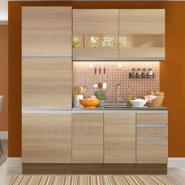 Cozinha Compacta Madesa Ester 7 Portas 3 Gavetas (Sem Tampo e Pia) Rustic/Saara Cor:Rustic/Saara