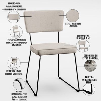 Kit 4 Cadeiras Decorativa Estofada Para Sala De Jantar Base Em Aço Allana L02 Linho Cru - Lyam Decor