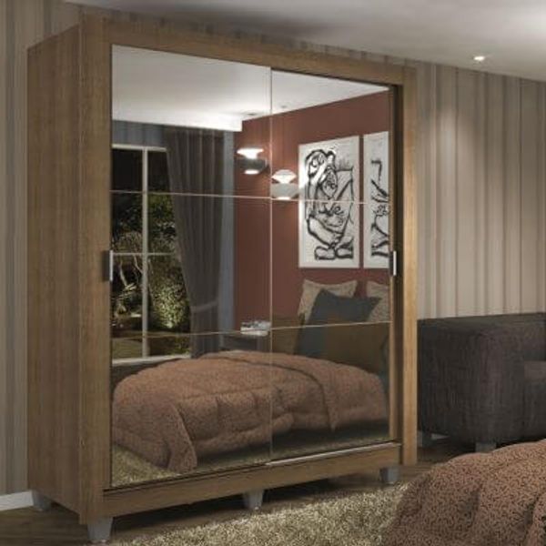 Guarda-Roupa Solteiro Madesa Dallas 2 Portas de Correr de Espelho 2 Gavetas com Pés Rustic Cor:Rustic
