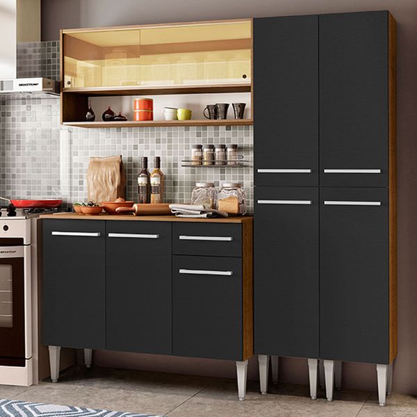 Cozinha Compacta Madesa Emilly Winter com Armário Vidro Reflex e Balcão Rustic/Preto Cor:Rustic/Preto