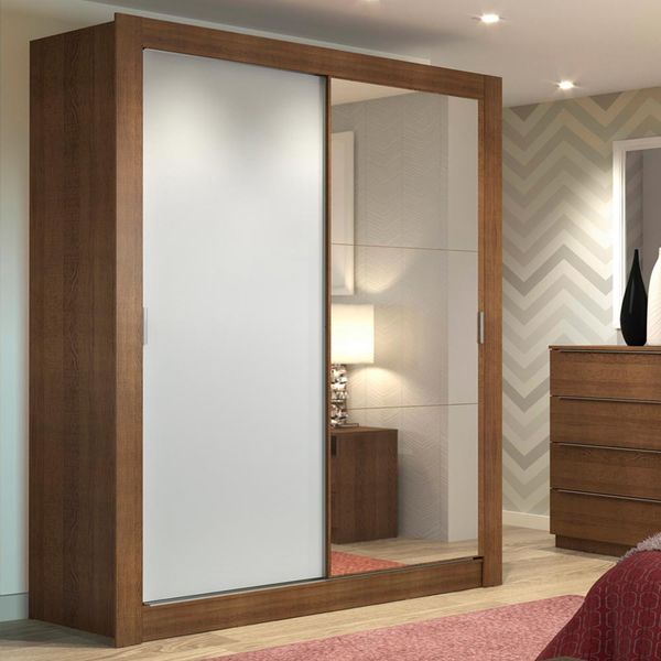 Guarda-Roupa Solteiro Madesa Dallas 2 Portas de Correr com Espelho 2 Gavetas Rustic/Branco Cor:Rustic/Branco