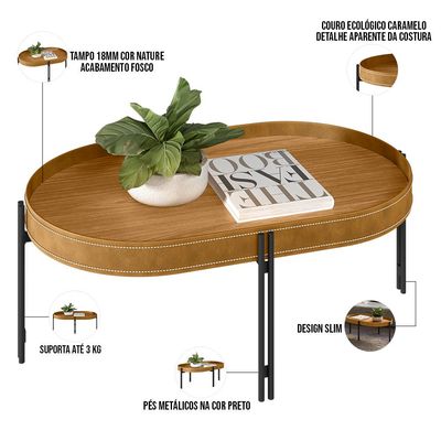 Mesa de Centro Decorativo Sala de Estar Industrial Caramelo Nord L05 Nature Preto - Lyam Decor