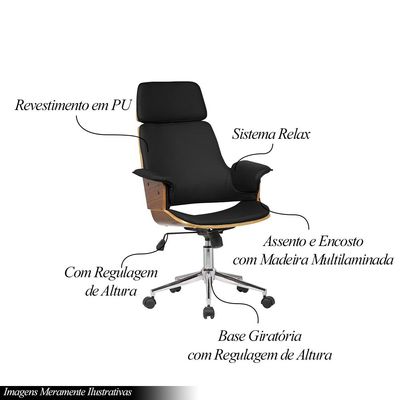 Cadeira de Escritório Home Office Decorativa Casemiro PU c/Regulagem de Altura Base Giratória Preto G56 - Gran Belo