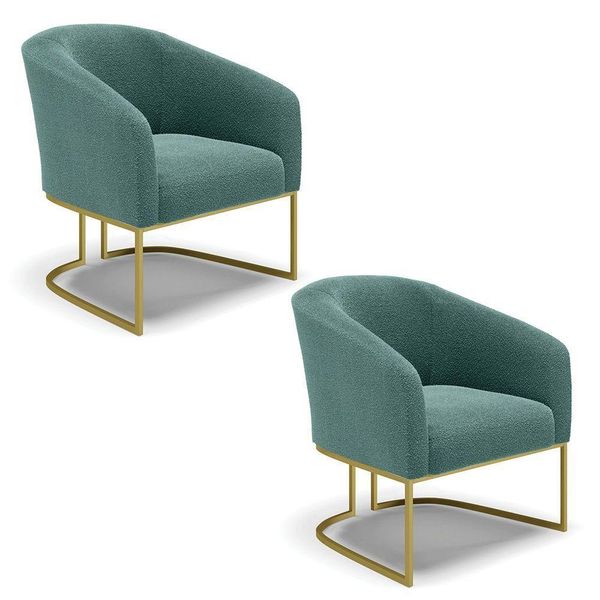 Kit 2 Poltronas Stella Bouclê Base Metálica Industrial Dourado - D'rossi Cor Verde Menta