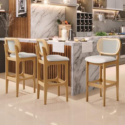 Banqueta Alta Para Cozinha Bancada Sala Tela Betta Fixa L02 Linho Cru - Lyam