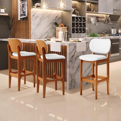 Kit 02 Banquetas Alta Para Cozinha Madeira Fixa Betta L02 Imbuia Corano Branco - Lyam Decor