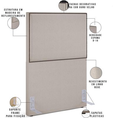 Cabeceira Cama Box Solteiro Com Tachas 100 cm Vicenza L02 Linho Bege - Lyam Decor
