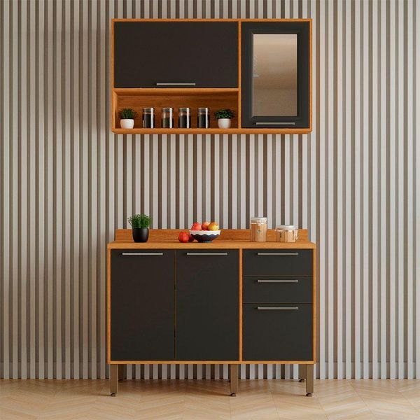 Cozinha Compacta 2 Peças 5 Portas 2 Gavetas Paris Sallêto Cinamomo Com Grafite