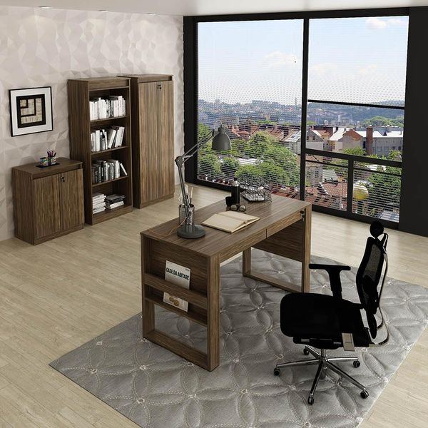 Escritório Completo Mesa Balcão Armário Prateleiras e Armário 2 Portas Moon MDP Nogal - Gran Belo