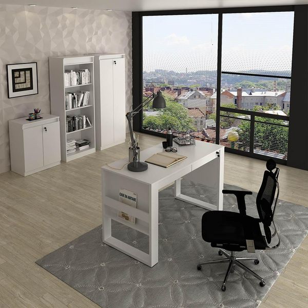 Escritório Completo Mesa Balcão Armário Prateleiras e Armário 2 Portas Moon MDP Branco - Gran Belo