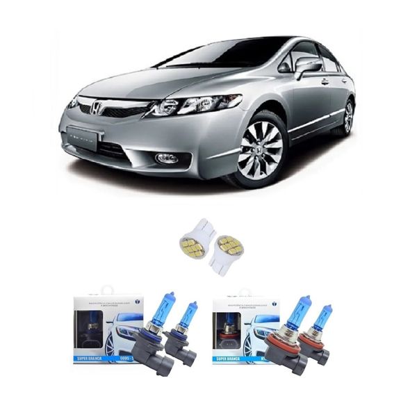 Kit Lâmpadas Super Branca 8500k Farol Alto Baixo + Pingos Honda New Civic 2007 à 2011