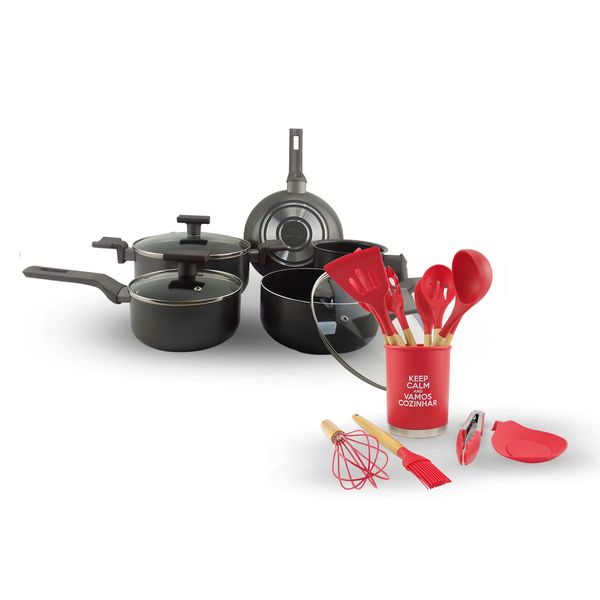 KIT Conjunto de Panelas Sartin com Tampa de Vidro e Acessórios de Alta Qualidade Unyhome 13 PCS Vermelho