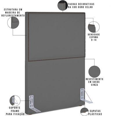 Cabeceira Cama Box Solteiro Com Tachas 100 cm Vicenza L02 Suede Cinza - Lyam Decor