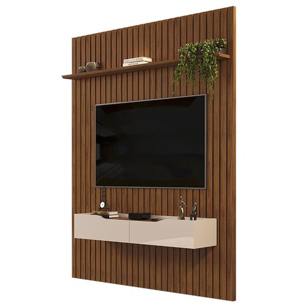 Painel para TV 65 Pol Ripado com Bancada Suspensa 183x212cm Pratisk D04 Freijó/Off White - Mpozenato