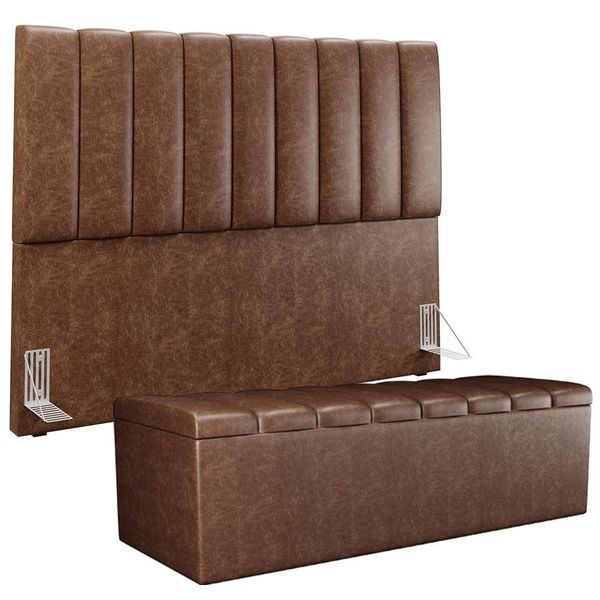 Kit Cabeceira Cama Box Casal Queen 160cm Calçadeira Baú Dália W01 Couríssimo Marrom - Lyam Decor