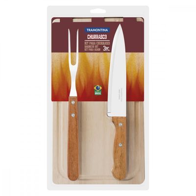 Kit para Churrasco Tramontina com Laminas em Aço Inox e Cabos em Madeira Natural 3 Peças