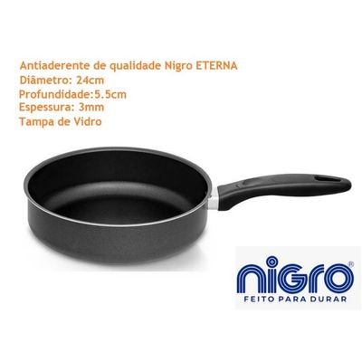 Frigideira Eterna Antiaderente  24 cm Tampa de Vidro - Nigro