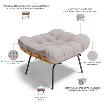 Puff Decorativo Sala de Estar Costela L02 Linho Bege - Lyam Decor