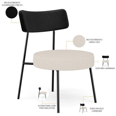 Poltrona Decorativa Para Sala De Estar Base Fixa Londres L02 Couríssimo Preto Linho Cru - Lyam