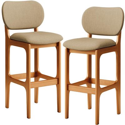 Kit 2 Banquetas Alta Bar Cozinha Sala Jantar Fixa Betta L02 Imbuia Linho Bege Escuro - Lyam Decor