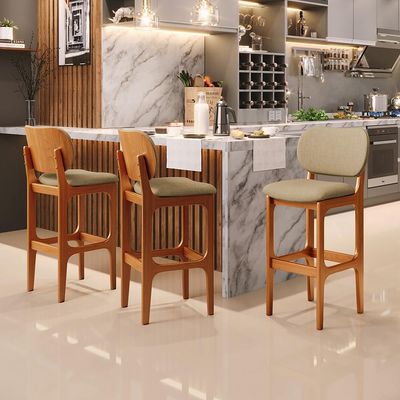 Kit 2 Banquetas Alta Bar Cozinha Sala Jantar Fixa Betta L02 Imbuia Linho Bege Escuro - Lyam Decor