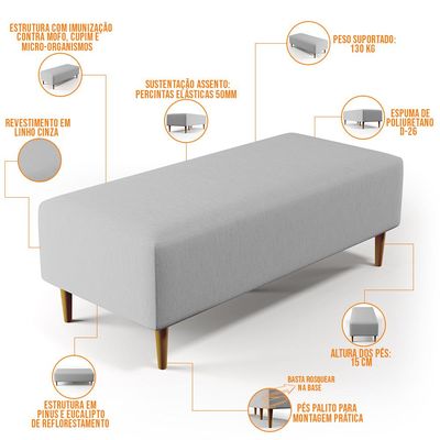 Puff Decorativo Sala de Estar Bali W01 Pés Palito 120x50 cm Linho Cinza - Lyam Decor