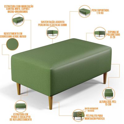 Kit 02 Puffs Decorativos Sala de Estar Cléo W01 Pés Palito 90 cm Facto Verde Musgo - Lyam Decor