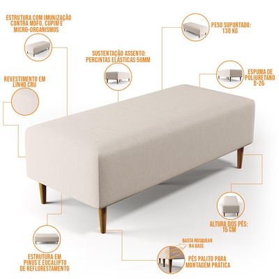 Kit 02 Puffs Decorativos Sala de Estar Bali W01 Pés Palito 120x50 cm Linho Cru - Lyam Decor