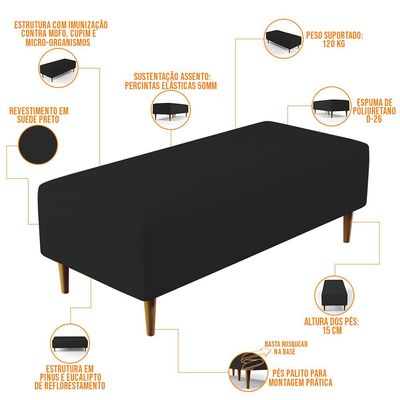 Kit 02 Puffs Decorativos Sala de Estar Bali W01 Pés Palito 120x50 cm Suede Preto - Lyam Decor