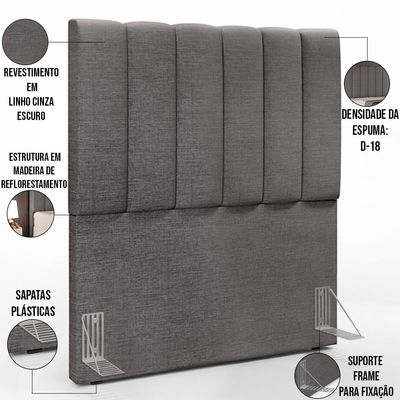 Kit Cabeceira Cama Box Solteiro 100cm Com Calçadeira Baú Dália W01 Linho Cinza Escuro - Lyam Decor