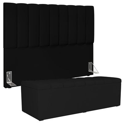 Kit Cabeceira Cama Box Casal Queen 160cm Com Calçadeira Baú Dália W01 Facto Preto - Lyam Decor