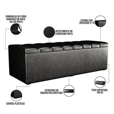 Calçadeira Recamier Baú Para Cama De Casal Dália 140x50 Cm W01 Couríssimo Preto - Lyam Decor