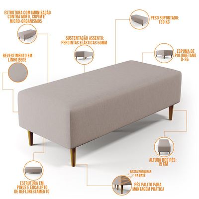 Puff Decorativo Sala de Estar Bali W01 Pés Palito 120x50 cm Linho Bege - Lyam Decor