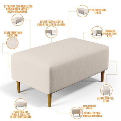 Kit 02 Puffs Decorativos Sala de Estar Cléo W01 Pés Palito 90 cm Linho Cru - Lyam Decor