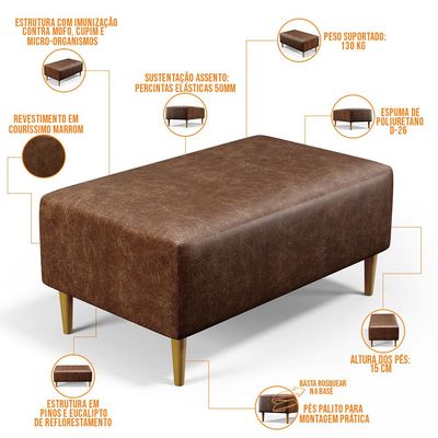 Kit 02 Puffs Decorativos Sala de Estar Cléo W01 Pés Palito 90 cm Couríssimo Marrom - Lyam Decor