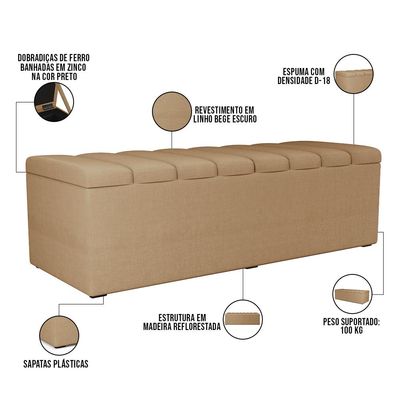 Calçadeira Recamier Baú Para Cama De Casal Queen Dália 160x50 Cm W01 Linho Bege Escuro - Lyam Decor