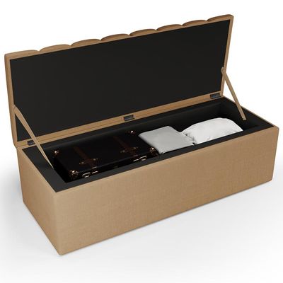 Calçadeira Recamier Baú Para Cama De Casal Queen Dália 160x50 Cm W01 Linho Bege Escuro - Lyam Decor