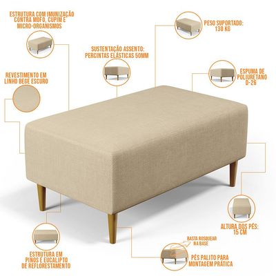 Kit 02 Puffs Decorativos Sala de Estar Cléo W01 Pés Palito 90 cm Linho Bege Escuro - Lyam Decor
