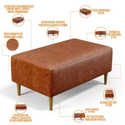 Kit 02 Puffs Decorativos Sala de Estar Cléo W01 Pés Palito 90 cm Couríssimo Camel - Lyam Decor
