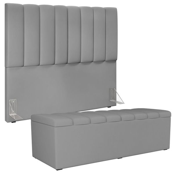 Kit Cabeceira Cama Box Casal 140cm Com Calçadeira Recamier Baú Dália W01 Facto Cinza - Lyam Decor