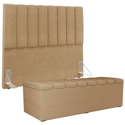 Kit Cabeceira Cama Box Casal 140cm Calçadeira Recamier Baú Dália W01 Linho Bege Escuro - Lyam Decor