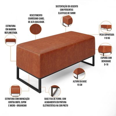Kit 02 Puff Decorativo Para Sala de Estar Cléo W01 Base de Ferro 90 cm Couríssimo Camel - Lyam Decor